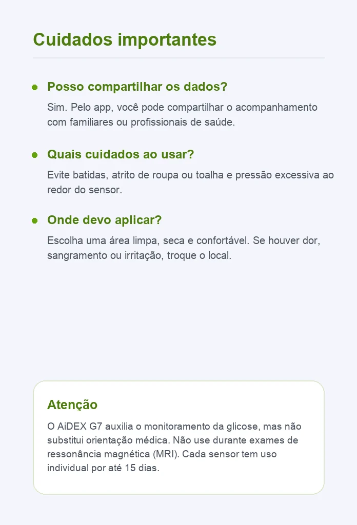 Cuidados importantes durante o uso do AiDEX G7